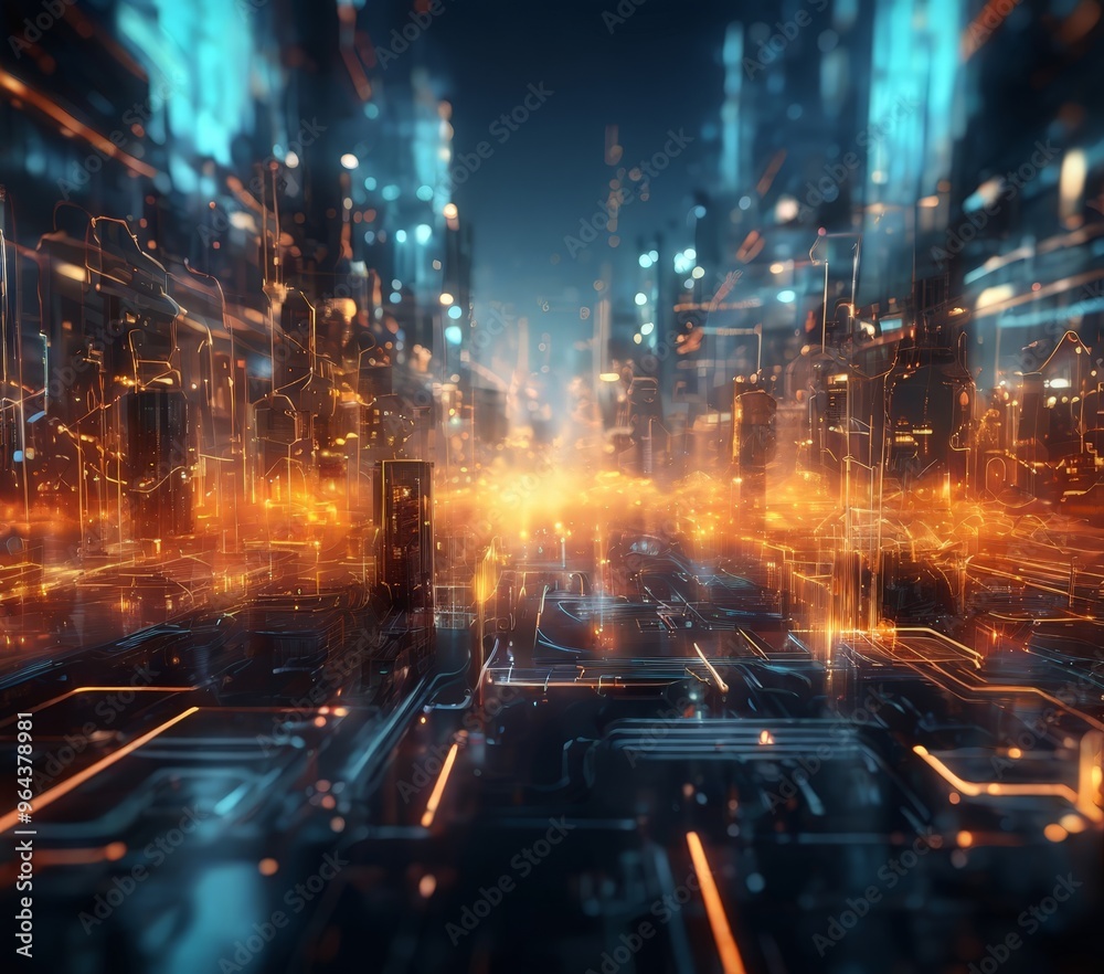 Fototapeta premium futuristic cityscape, characterized by a complex network of glowing lines and lights, creating a sense of depth and dimensionality. The city is illuminated by a myriad of colors,