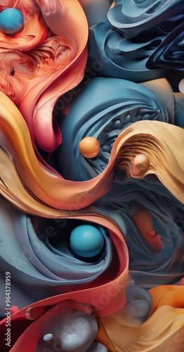 a vibrant abstract composition featuring a swirling pattern of orange, blue, and yellow hues, with small blue spheres and a larger orange sphere at the center.