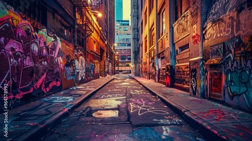 Graffiti-filled alleyway, reflecting the raw energy of urban street life