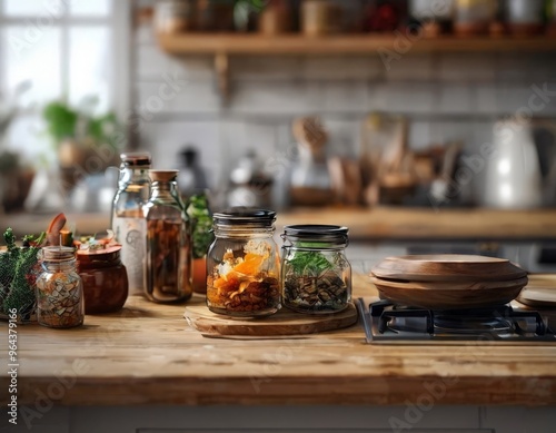 A wooden kitchen countertop displays an array of jars and bottles filled with various food items, including dried fruits, nuts, and herbs, with a stove and kitchenware in the background.