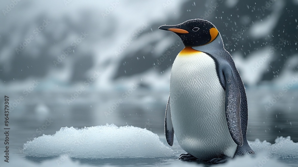 Fototapeta premium A Single Penguin Standing Proudly on Ice, Surrounded by Peaceful White Space Ideal for Winter-Themed Designs