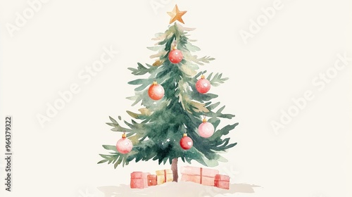 A beautiful watercolor Christmas tree adorned with ornaments and surrounded by colorful presents, perfect for holiday themes.