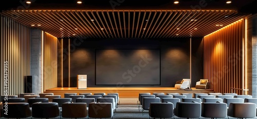 Empty auditorium with stage, projector screen, and rows of chairs. Modern design with wooden ceiling and warm lighting. photo