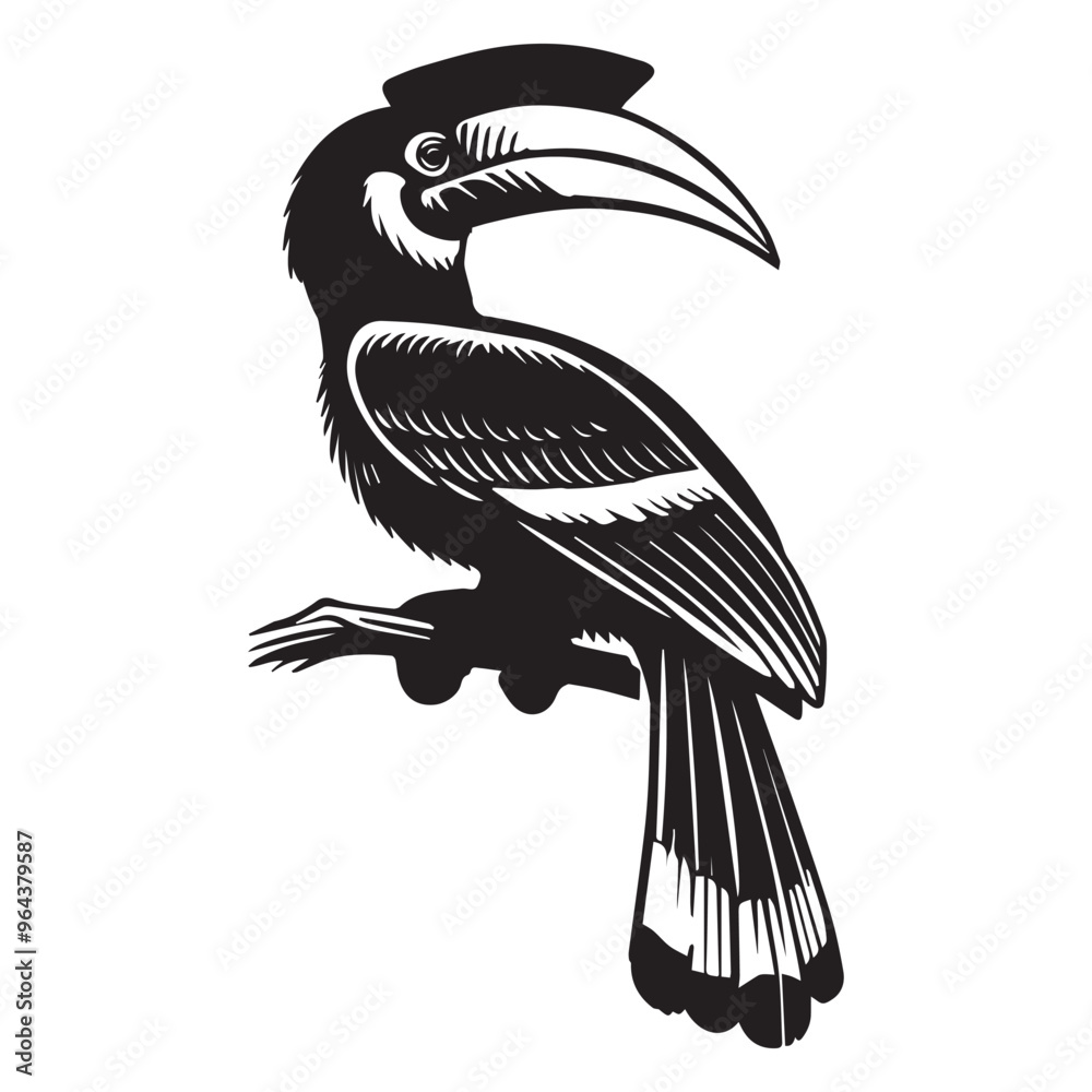 Obraz premium Great Hornbill Bird Clipart - Great hornbill relaxed posture Vector Illustration in black and white 