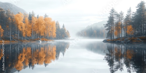 Autumn Trees Reflected in Misty Lake.