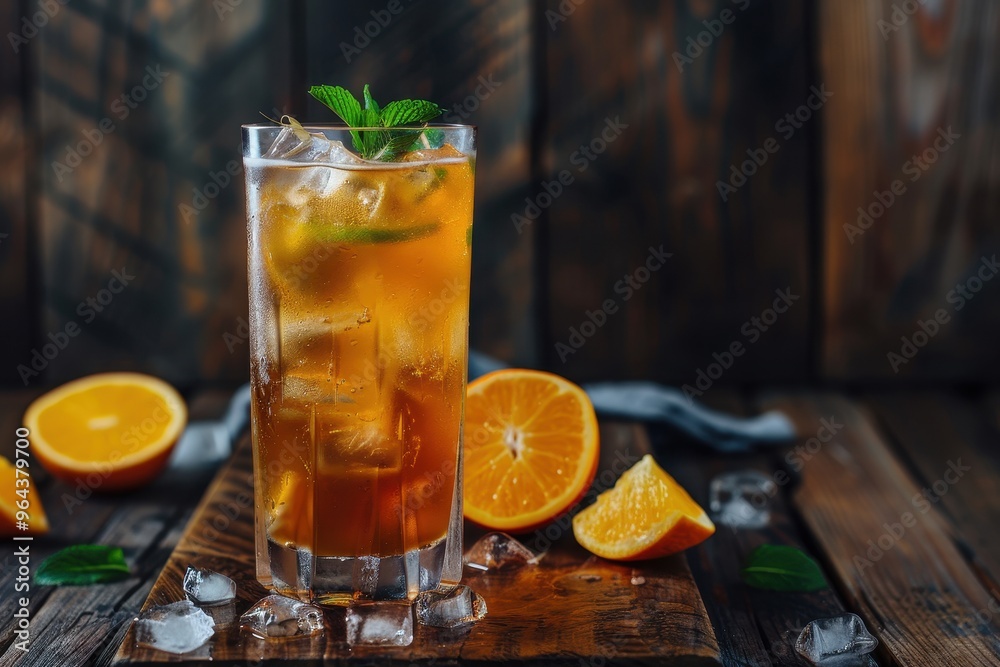 Fototapeta premium Tasty Long Island cocktail with ice tea and alcohol on dark wooden background