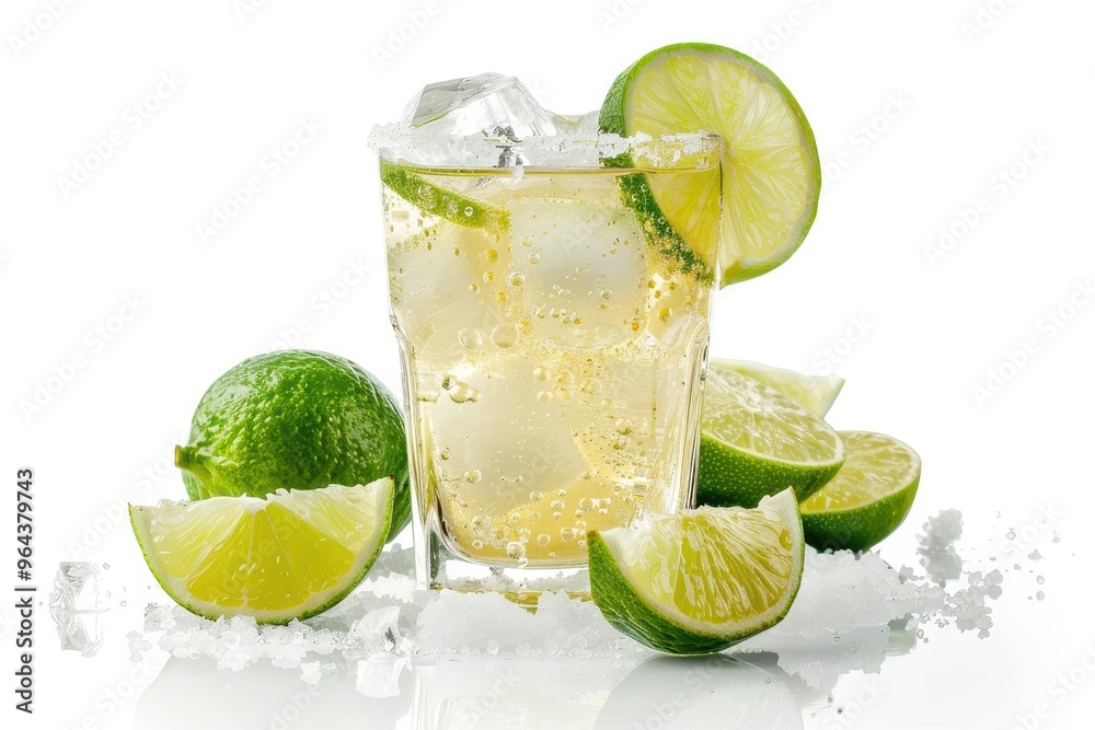 Tasty Margarita drink with ice salt lime in glass on white background