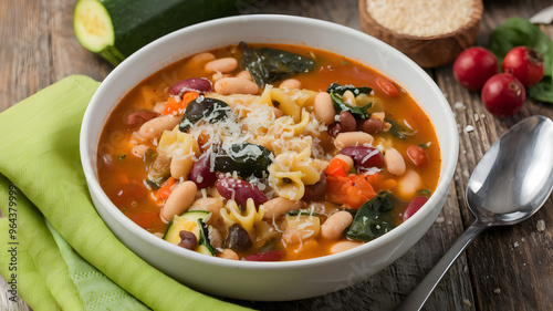 A bowl of minestrone soup filled with beans, pasta, and a variety of vegetables like zucchini and spinach, garnished with grated Parmesan cheese.