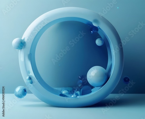 A blue sphere is suspended in mid-air, surrounded by a circular frame of similar spheres, creating a dynamic and abstract composition. photo