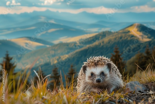 Wild native European hedgehog in the mountains Erinaceus europaeus enjoying a delightful summer landscape