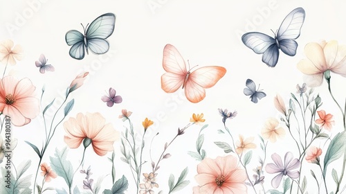 A serene illustration of butterflies flying above delicate flowers, capturing the essence of nature's beauty and tranquility.