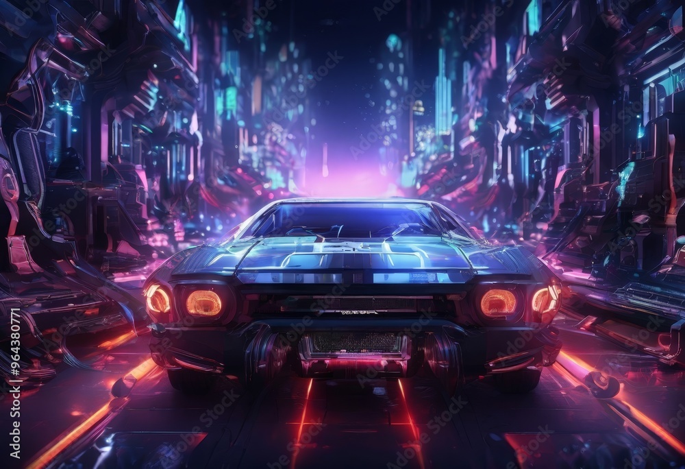 A futuristic car with glowing headlights and a sleek design is parked in a futuristic cityscape, surrounded by towering structures and neon lights. A futuristic car with glowing headlights and a sleek design is parked in a futuristic cityscape, surrounded by towering structures and neon lights.