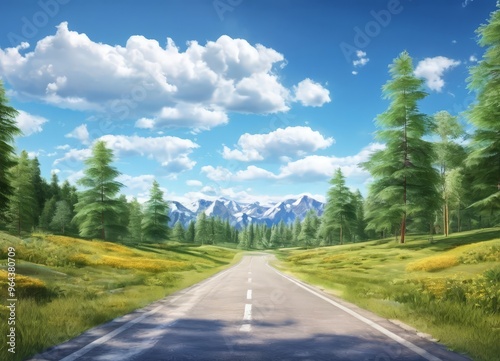 A winding road through a lush green forest leads towards majestic snow-capped mountains under a clear blue sky dotted with fluffy white clouds.