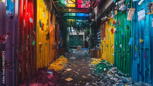 Innovative upcycling hub turning trash to treasure and surrounded by a rainbow-hued environment 