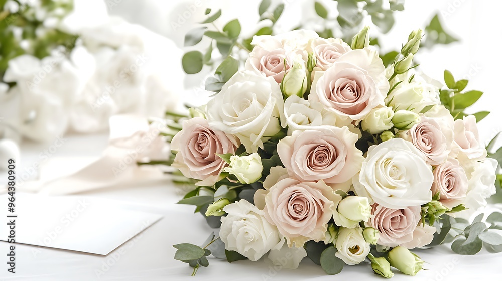 Obraz premium Delicate Bridal Bouquet of White and Blush Roses with Eucalyptus