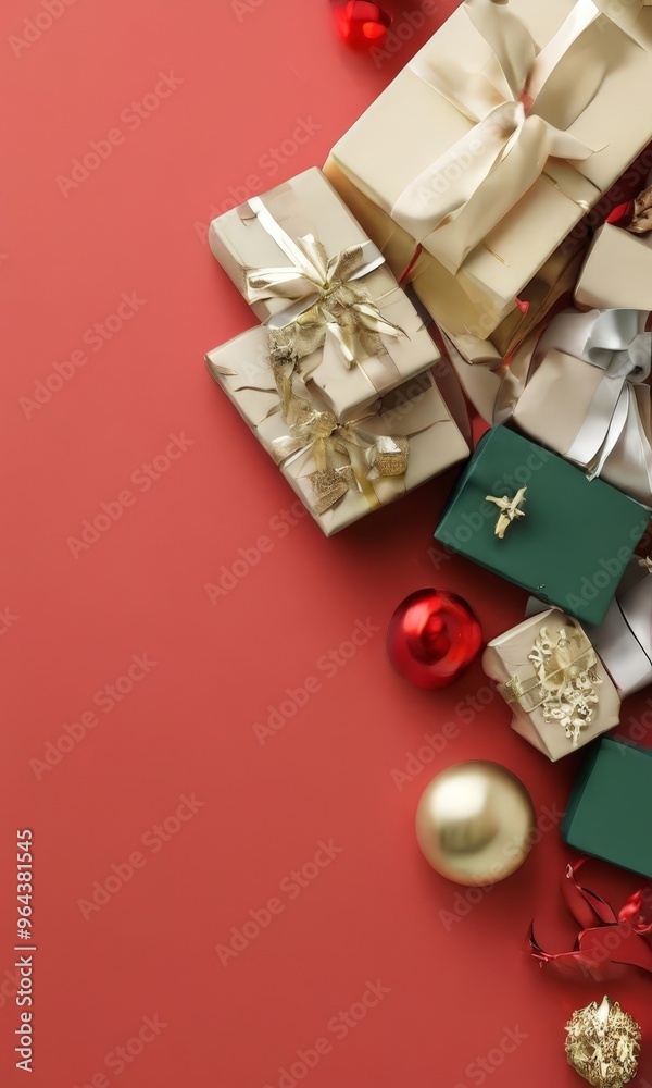 A collection of wrapped gifts in various colors and sizes, adorned with ribbons and ornaments, arranged on a vibrant red background. A collection of wrapped gifts in various colors and sizes, adorned with ribbons and ornaments, arranged on a vibrant red background.