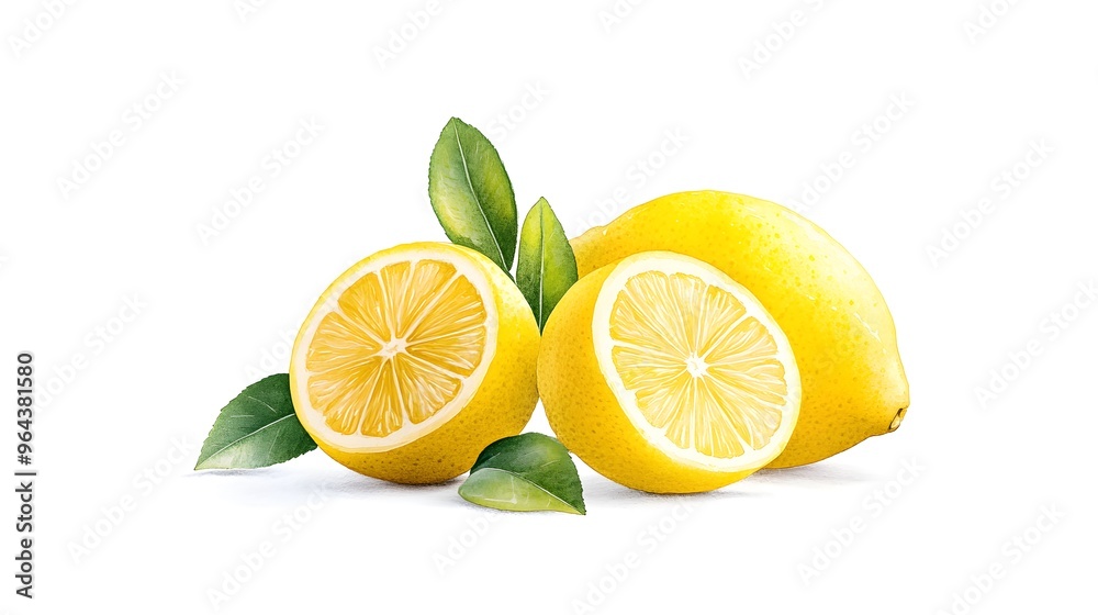 A whole lemon with leaves, fruit element, watercolor illustration, bright and fresh, isolated on white background A whole lemon with leaves, fruit element, watercolor illustration, bright and fresh, isolated on white background