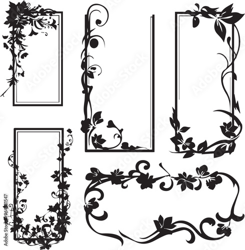 Floral Corner Dark Silhouette Shapes Vector Set