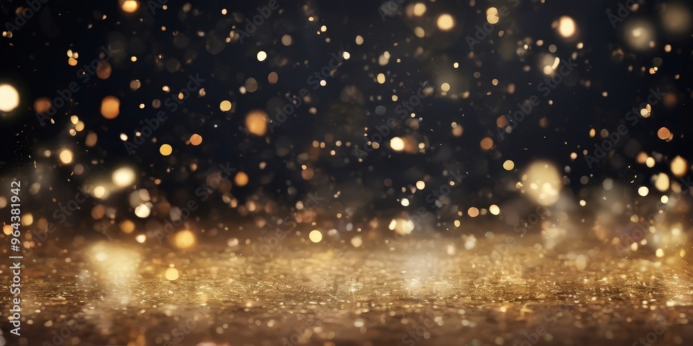 a dark background with a glittering golden surface, creating a sense of depth and movement. The scattered golden dots and specks of light appear to be falling or floating, adding a dark background with a glittering golden surface, creating a sense of depth and movement. The scattered golden dots and specks of light appear to be falling or floating, adding