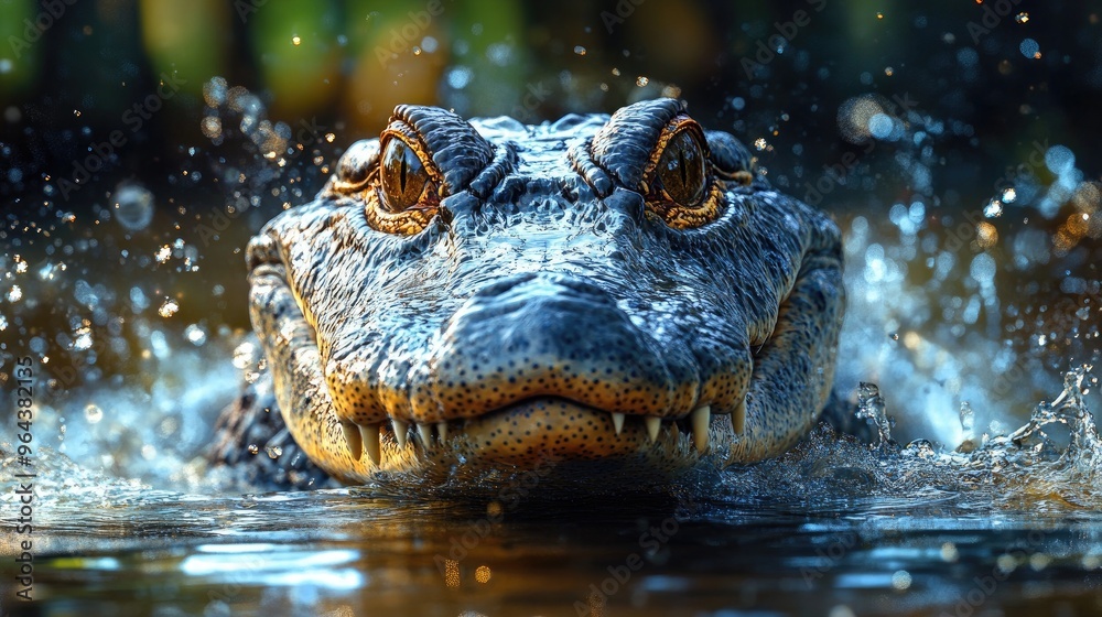 Obraz premium Stylized Crocodile Emerging from Water with Clear Copy Space for Effective Marketing Use