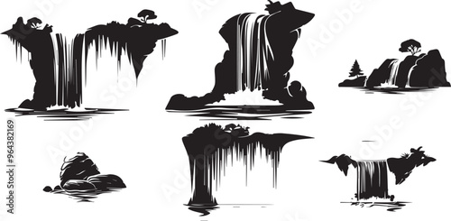Curved Waterfall Frame Shadowy Silhouette Vector Art Pack