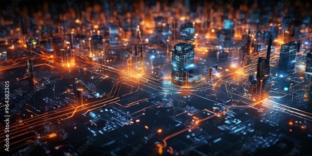 futuristic cityscape, with a multitude of illuminated skyscrapers and buildings, creating a vibrant and dynamic scene. The city's intricate network of roads and highways is