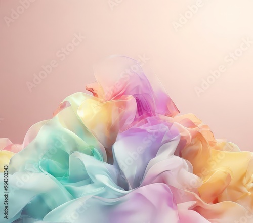 vibrant, flowing fabric in pastel colors, resembling a soft, billowing cloud or a gentle, flowing waterfall. The fabric is set against a light pink background, creating a photo