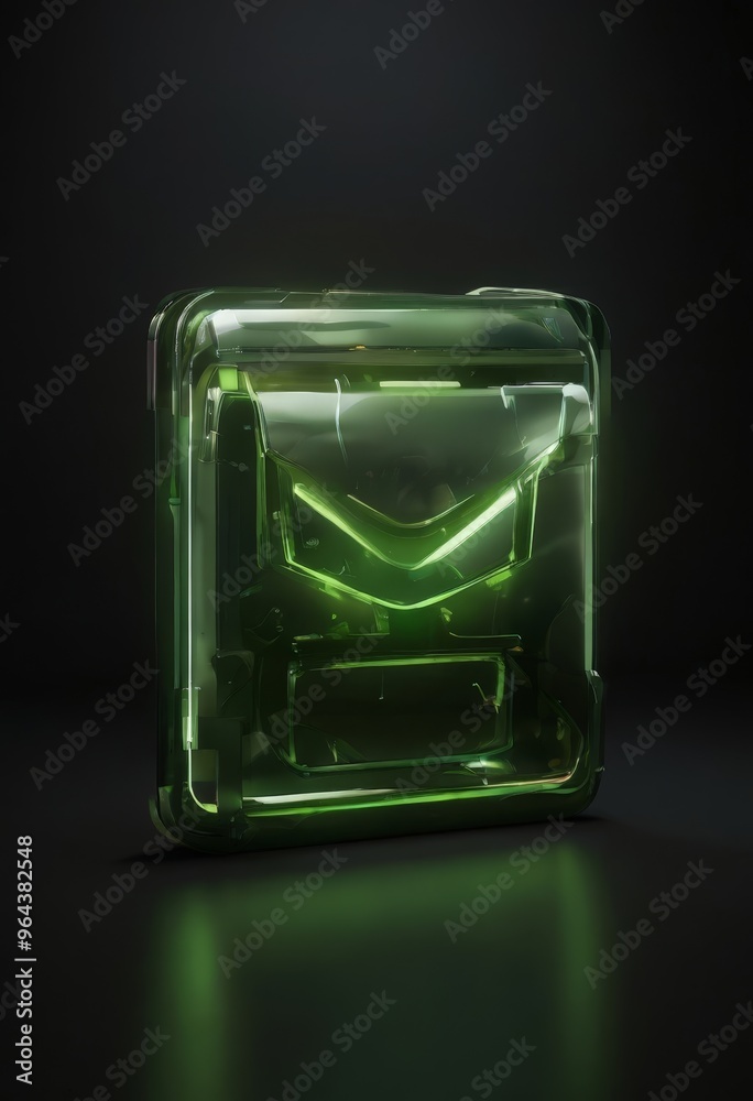 A a transparent, green-tinted object resembling a box or container, with a reflective surface and a dark background. A a transparent, green-tinted object resembling a box or container, with a reflective surface and a dark background.