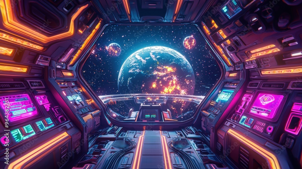 Futuristic Spacecraft Docking in Vibrant Galactic Space Station Control Room Futuristic Spacecraft Docking in Vibrant Galactic Space Station Control Room