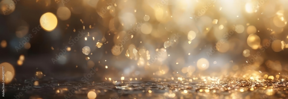 blurred, bokeh-filled background with a dark, textured surface that appears to be water, and scattered golden glittering particles that resemble raindrops. blurred, bokeh-filled background with a dark, textured surface that appears to be water, and scattered golden glittering particles that resemble raindrops.