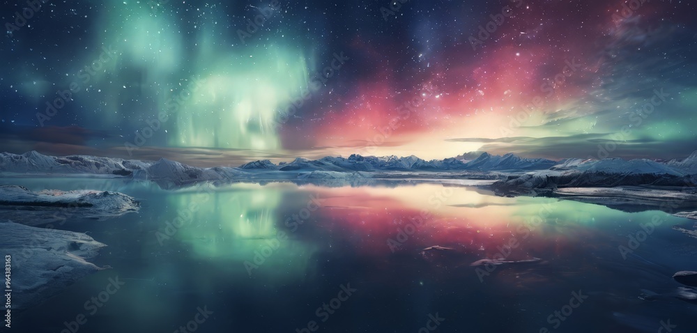 The Aurora Borealis, or Northern Lights, dance across the night sky, reflected in the still waters of a frozen lake. The sky is awash with hues of green, pink, and blue, creating The Aurora Borealis, or Northern Lights, dance across the night sky, reflected in the still waters of a frozen lake. The sky is awash with hues of green, pink, and blue, creating