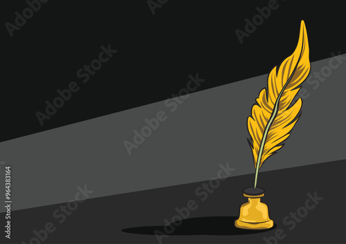 yellow feather quill pen dipping into inkwell on dark background