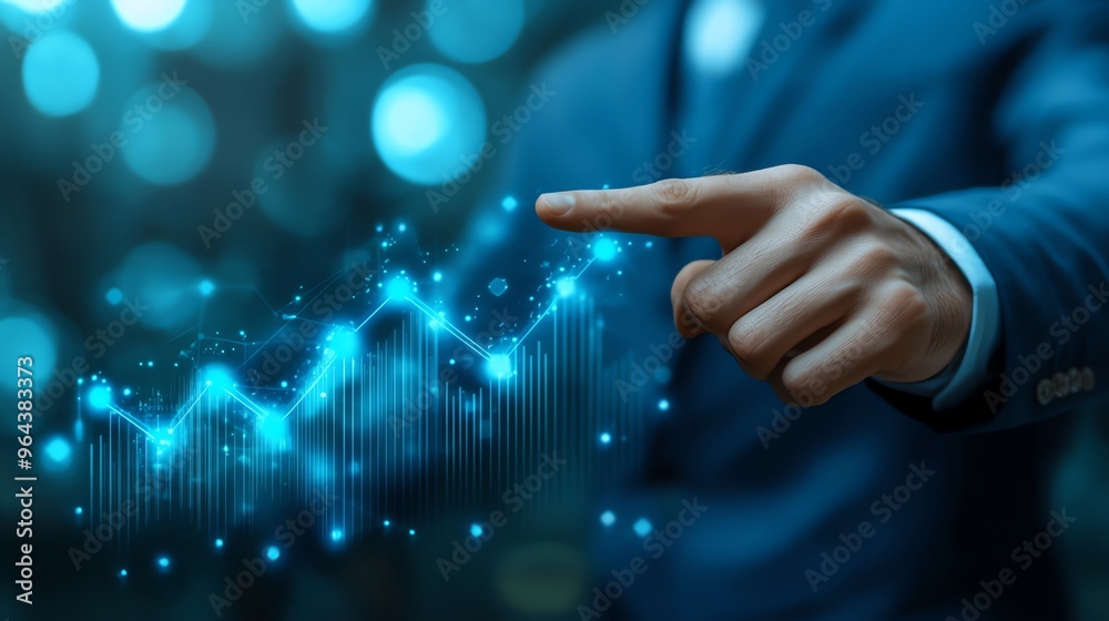 Businessman pointing at holographic graph. Businessman pointing at holographic graph.