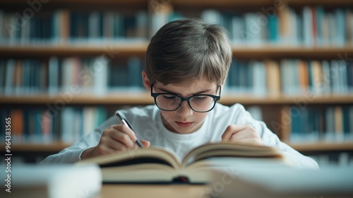 A Young Scholar Deeply Engaged in Learning Surrounded by Knowledge in a Library Setting