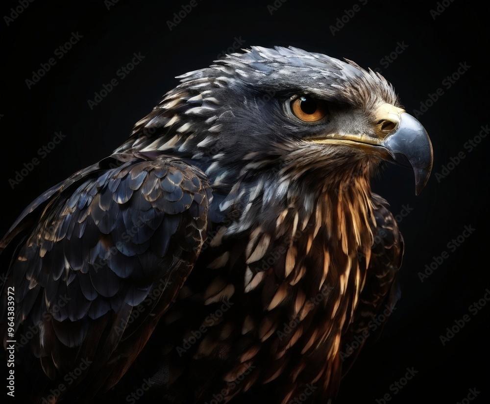 A close-up portrait of a majestic eagle, its sharp gaze and intricate feathers on full display against a dark background. A close-up portrait of a majestic eagle, its sharp gaze and intricate feathers on full display against a dark background.