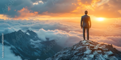Businessman standing on mountain peak with money.