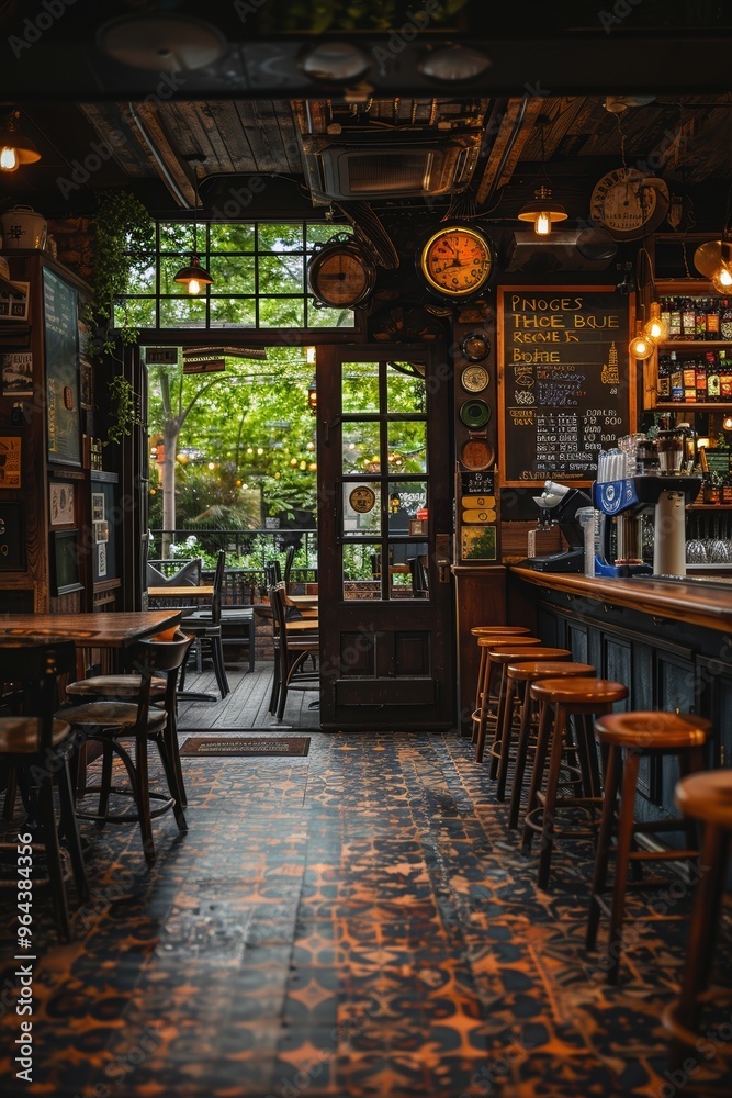A beautifully illuminated and cozy pub interior with a rustic charm, featuring a well-stocked bar, wooden stools, and vintage decor, inviting for a relaxing evening A beautifully illuminated and cozy pub interior with a rustic charm, featuring a well-stocked bar, wooden stools, and vintage decor, inviting for a relaxing evening