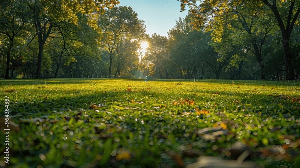 Obraz premium A serene morning in a lush green park with tall trees, where the sun rises and casts a golden glow, highlighting the dew on the manicured grass