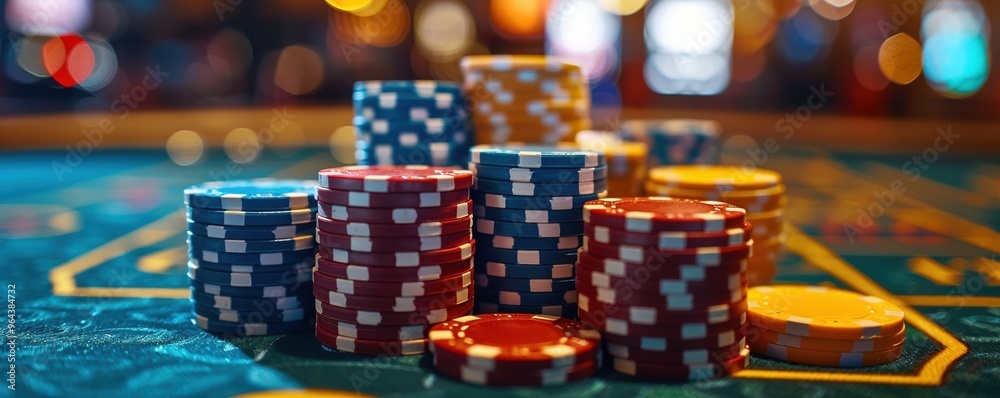A close-up view of a casino table with neatly stacked colorful poker chips amidst a vibrant, brightly lit environment showcasing the excitement of gambling A close-up view of a casino table with neatly stacked colorful poker chips amidst a vibrant, brightly lit environment showcasing the excitement of gambling
