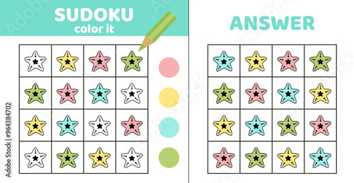 Coloring sudoku. Starfish. Sudoku with four starfishes. Cartoon.