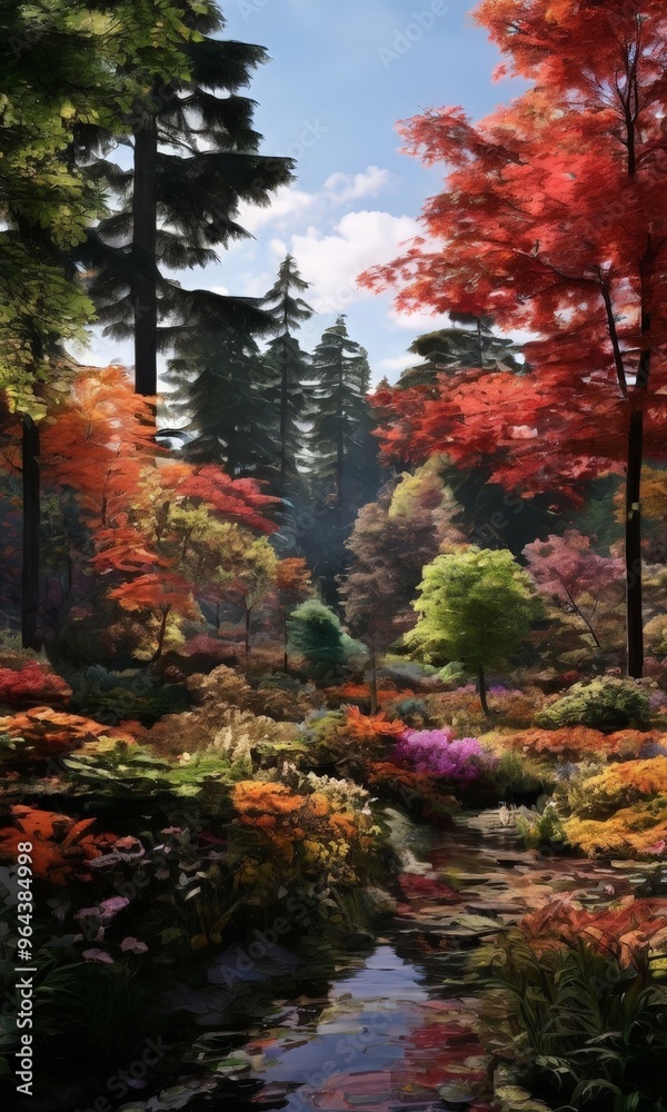 A vibrant autumnal forest scene with a small stream flowing through it, featuring a variety of colorful foliage and a clear blue sky. A vibrant autumnal forest scene with a small stream flowing through it, featuring a variety of colorful foliage and a clear blue sky.