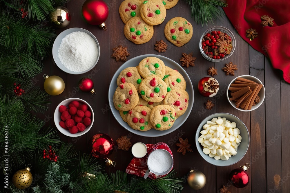 Bird's Eye View of Joyful Cookie Baking Preparations with Ingredients and Festive Atmosphere