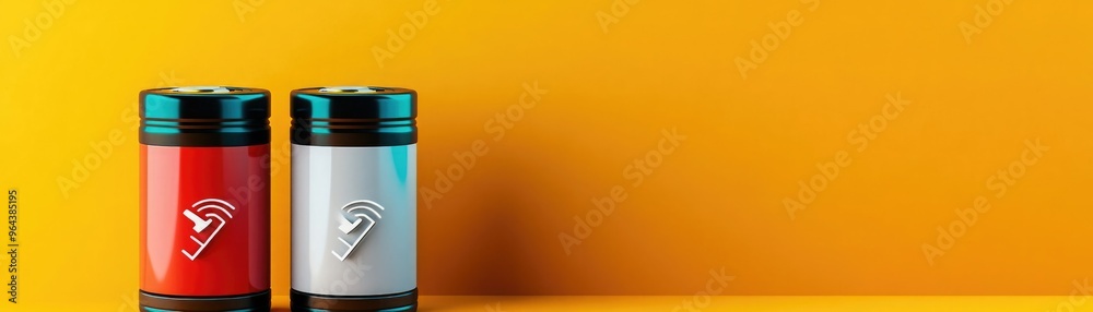 Two vibrant battery containers, one red and one silver, positioned against a bright yellow background, showcasing energy and power. Two vibrant battery containers, one red and one silver, positioned against a bright yellow background, showcasing energy and power.