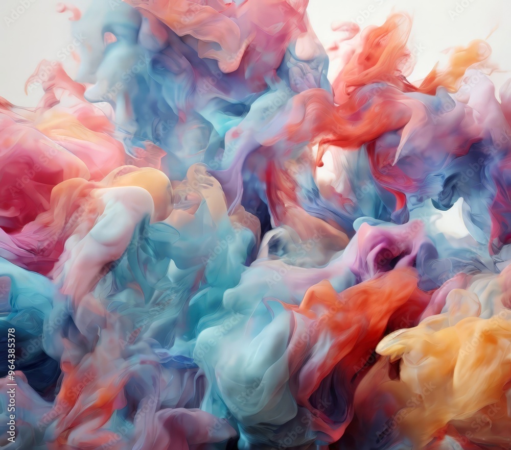 Fototapeta premium a vibrant abstract composition featuring swirling, multicolored smoke or vapor in shades of pink, blue, orange, and yellow, creating a dynamic and visually effect.