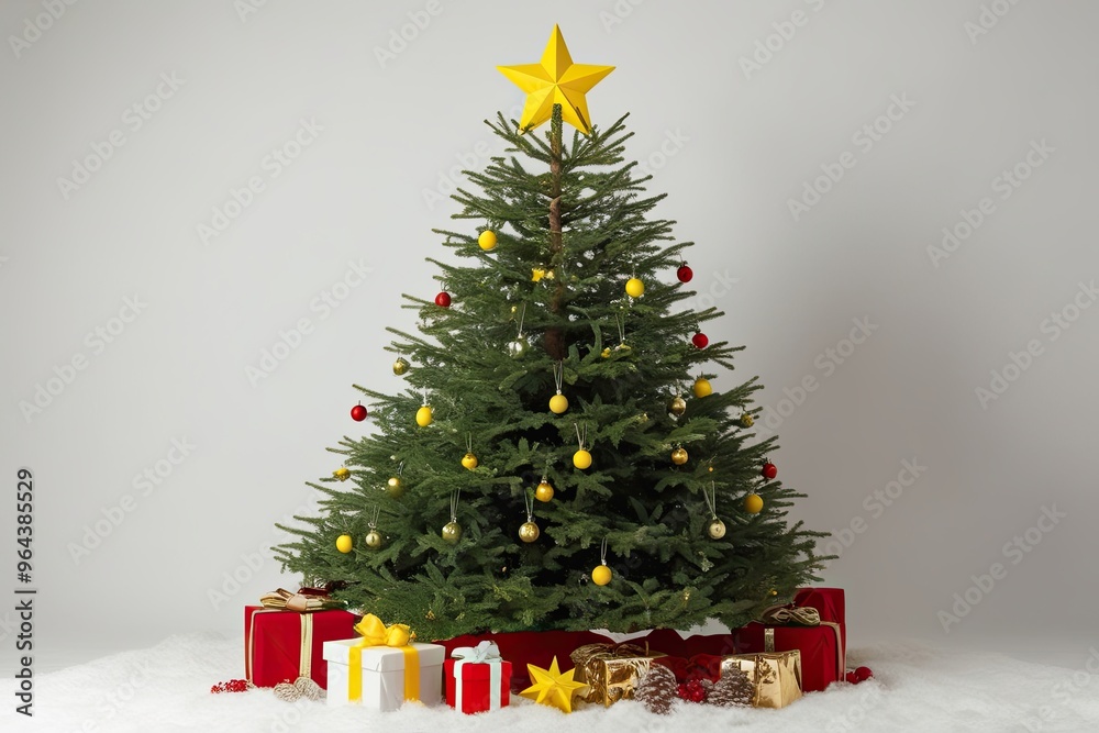 Christmas Spruce Tree with Yellow Star on White Background for Holiday Celebrations