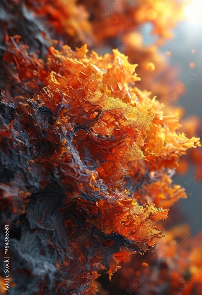a close-up of a vibrant, abstract coral formation, with a mix of orange, red, and blue hues. The coral appears to be made of a material that resembles coral or a similar organic