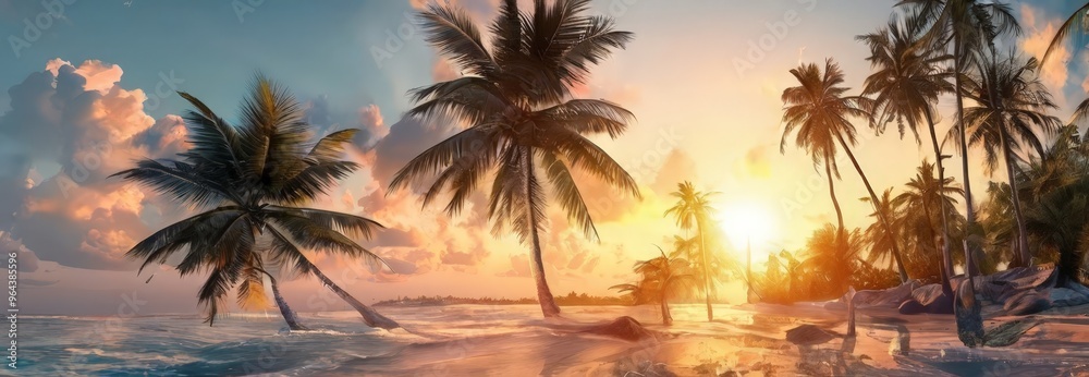Obraz premium A tropical beach scene at sunset, featuring palm trees silhouetted against a vibrant sky.