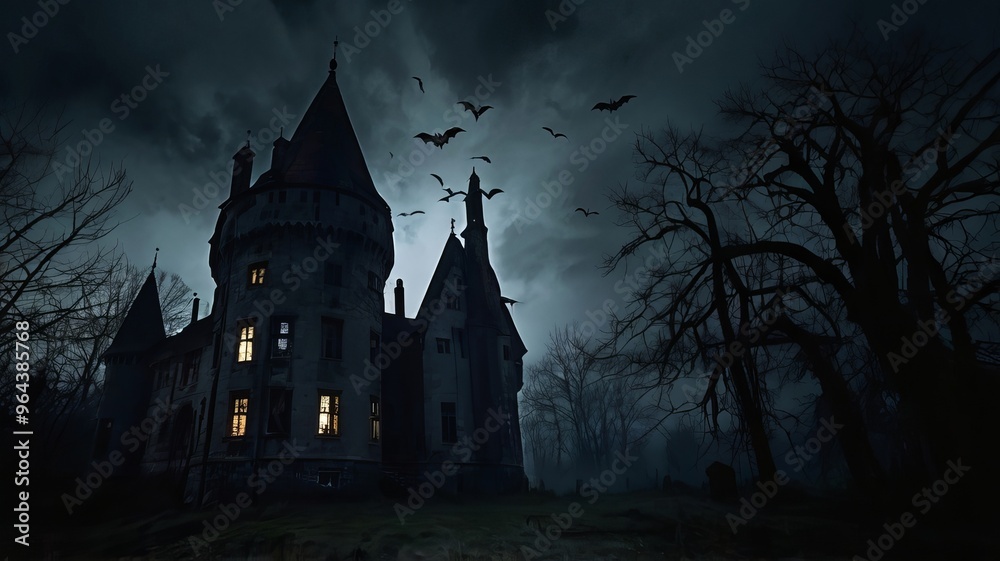 Halloween castle scenery with full moon in majestic night sky and highly detailed natural environment landscape. Halloween background. Horror scene for Halloween Halloween castle scenery with full moon in majestic night sky and highly detailed natural environment landscape. Halloween background. Horror scene for Halloween