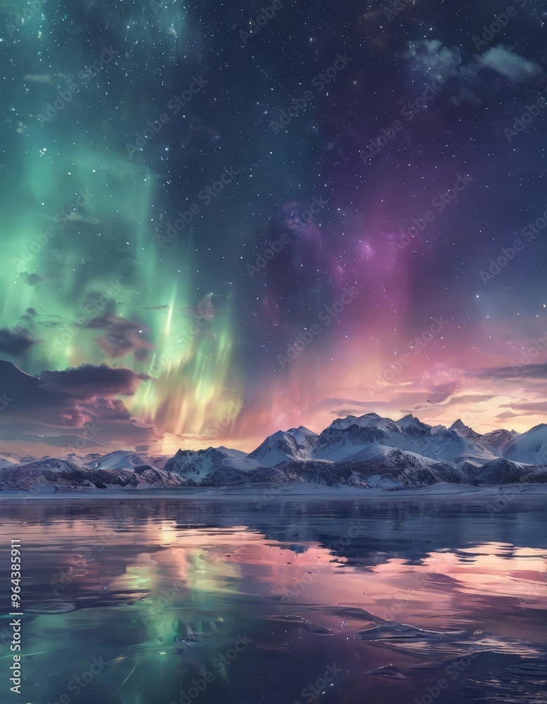 The Aurora Borealis, or Northern Lights, dance across the night sky, reflected in the calm waters below. The sky is awash with hues of green, purple, and pink, while the distant