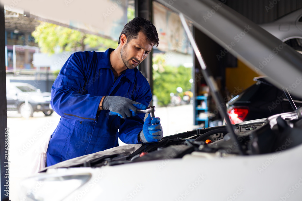 mechanical man working with tools and spanner. Hispanic latin male mechanic repairs car in garage. Car maintenance and auto service garage concept mechanical man working with tools and spanner. Hispanic latin male mechanic repairs car in garage. Car maintenance and auto service garage concept